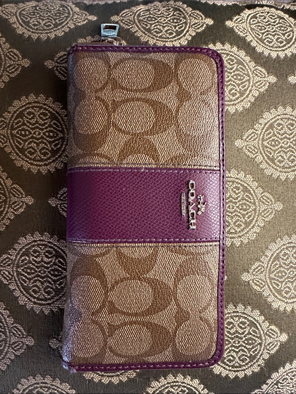 Coach Brown Signature Wallet with Purple Leather Band